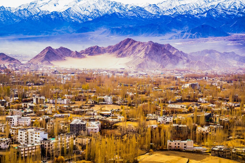 Panoramic view of Leh Ladakh city with mountains under a clear sky.