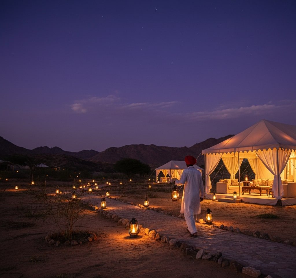 A cozy luxury safari tent camp at dusk in Jawai Rajasthan Luxury tented camp near Jawai leopard safari zone at dusk