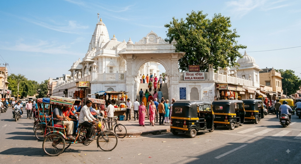 Visitors reaching Birla Mandir Jaipur by auto-rickshaw near Tilak Nagar