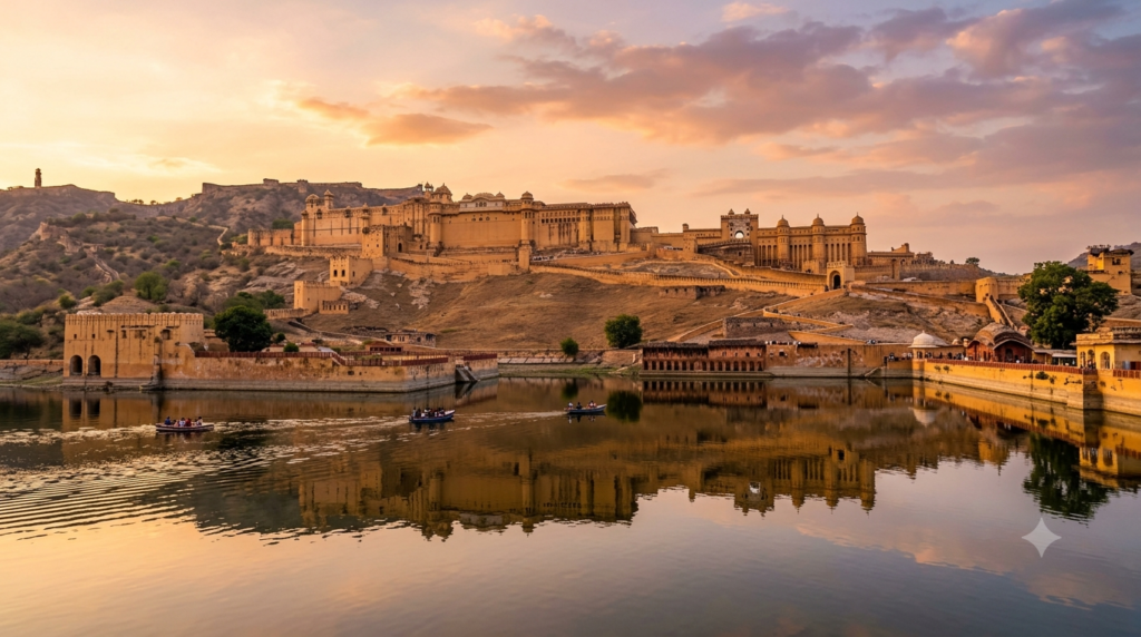 Amber Fort Jaipur reflected in Maota Lake at sunrise
