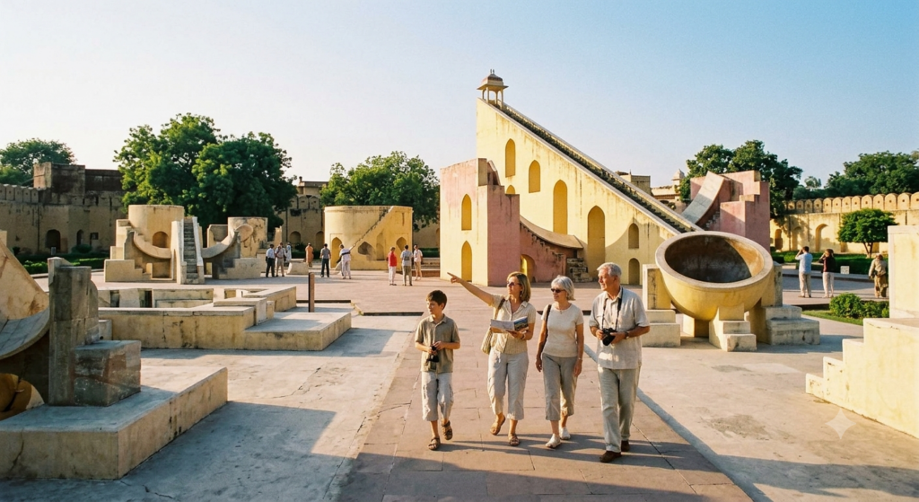 Tourists exploring Jantar Mantar Jaipur instruments in the morning sun.
