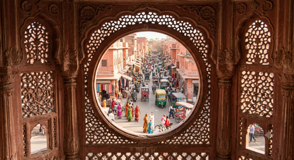 Jharokha window detail at Hawa Mahal Jaipur showing carved stone lattice
