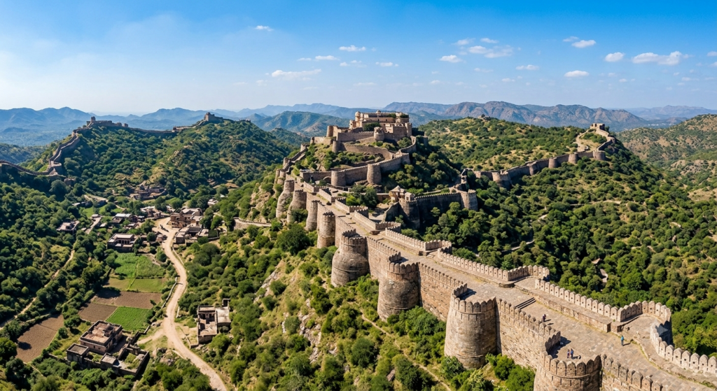 Kumbhalgarh Fort wall stretching across the Aravalli Hills near Udaipur