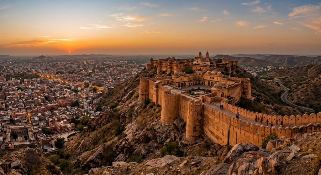 Nahargarh Fort Jaipur perched on the Aravalli Hills at sunset