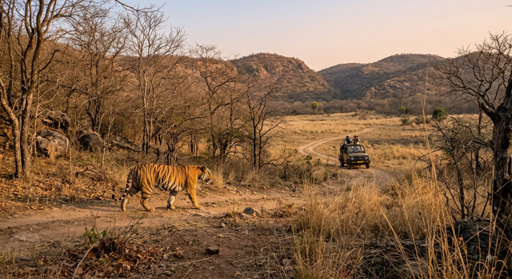 Bengal tiger during a Jaipur to Ranthambore day trip safari in Ranthambore National Park