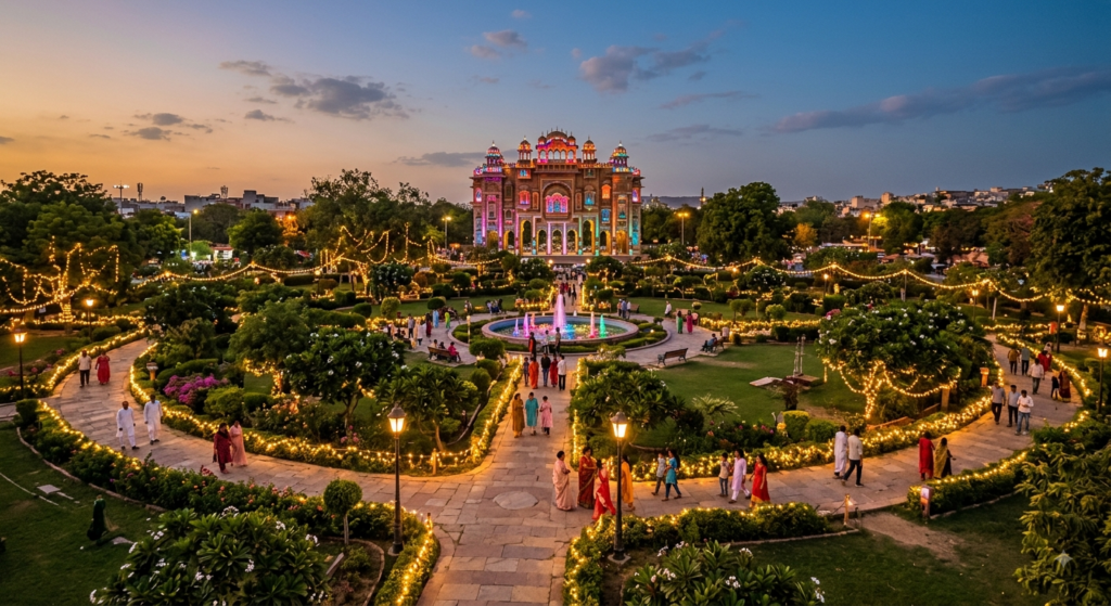 Jawahar Circle Garden near Patrika Gate Jaipur lit up at dusk