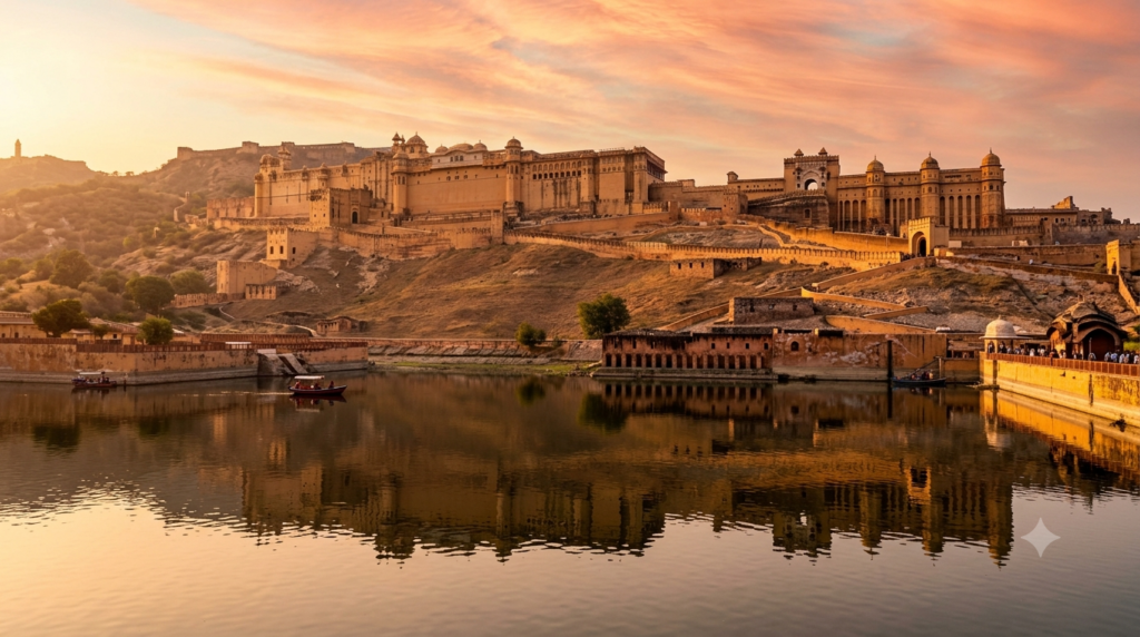  Amber Fort, one of the best places to visit in Jaipur, reflected in Maota Lake