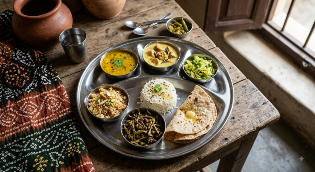 Jain food thali served at a bhojanshala near Jain temples in Jaipur