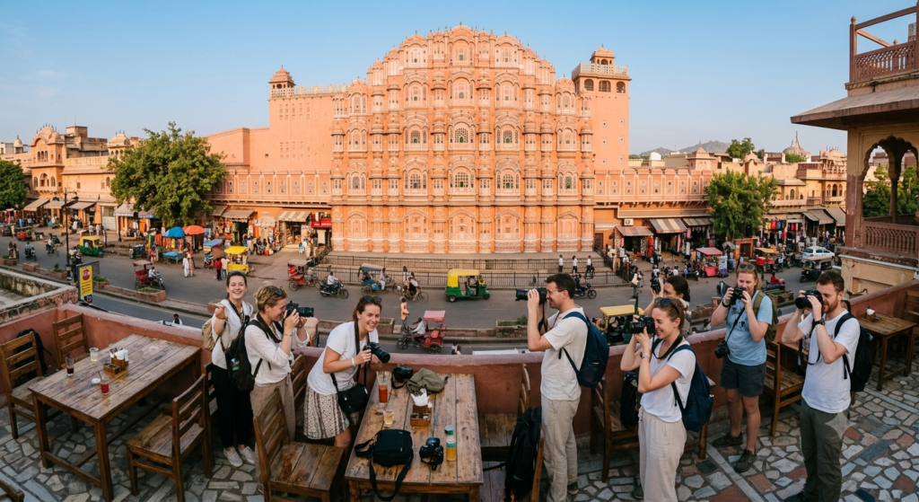 Tourists photographing Hawa Mahal Jaipur facade from a rooftop cafe