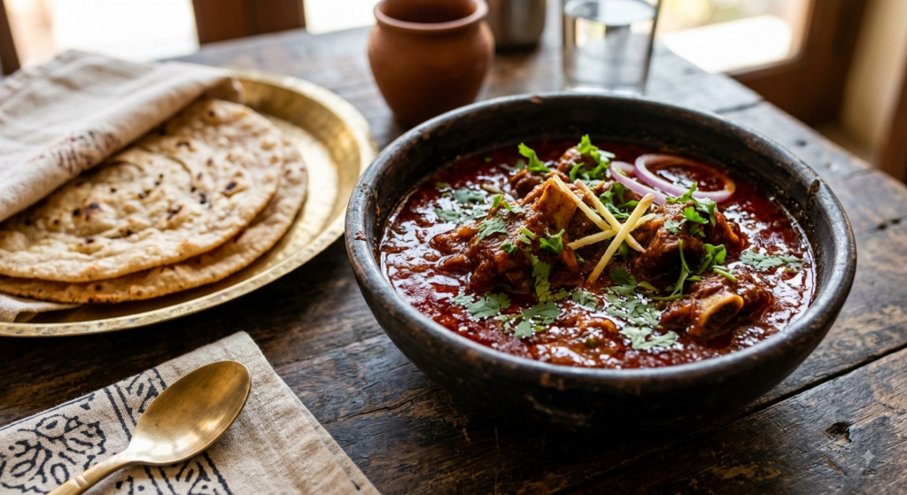 deep red Laal Maas mutton curry garnished with coriander, served with a side of rotis Laal Maas, one of the best dining experiences in Jaipur for non-vegetarian food lovers