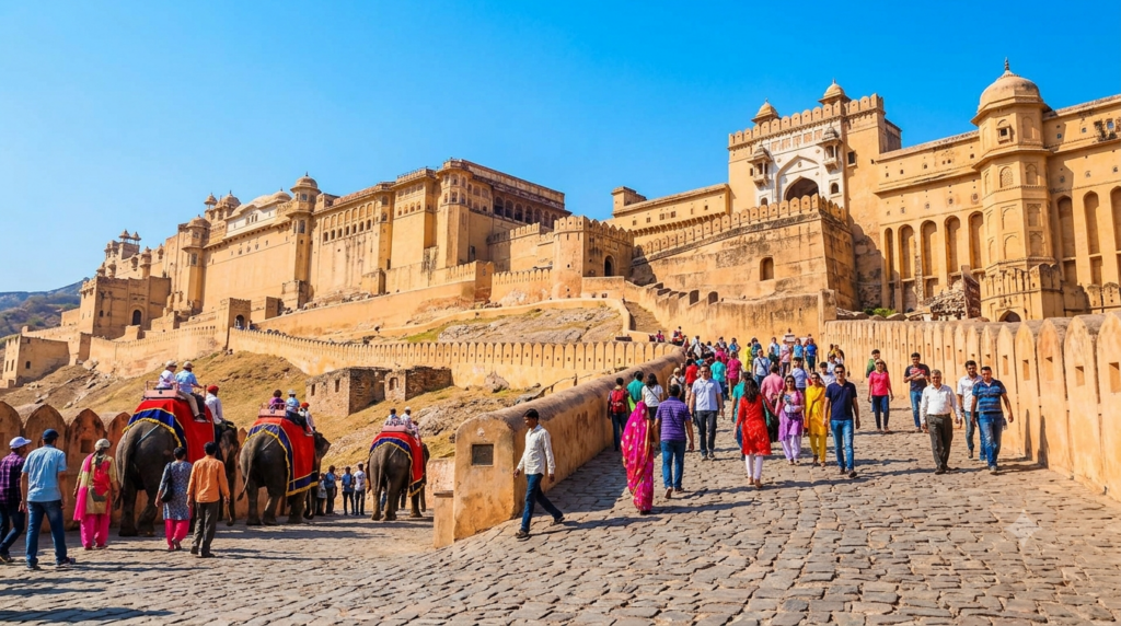 Visitors walking toward Amber Fort's Suraj Pol entrance gate