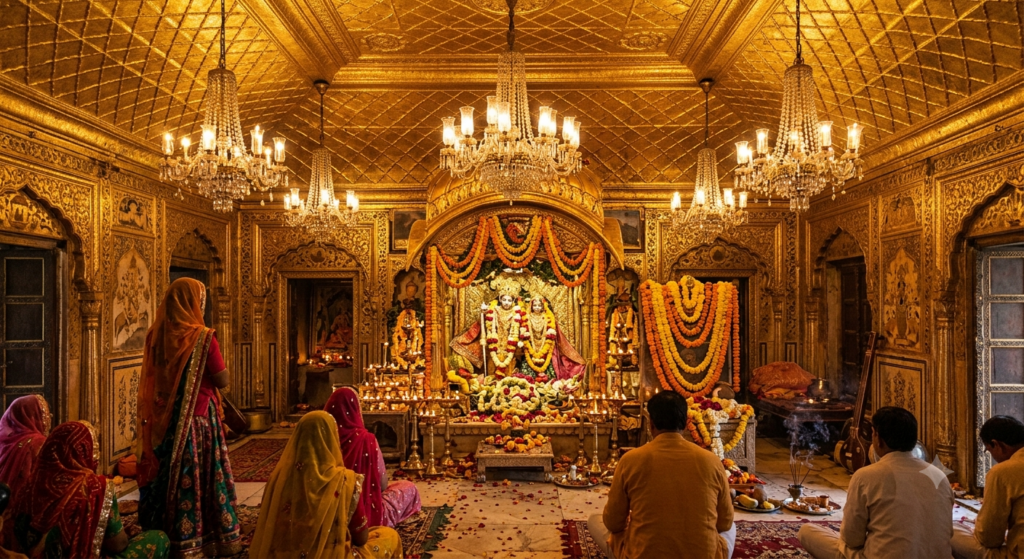 Gold ceiling and chandeliers inside Govind Devji Temple Jaipur