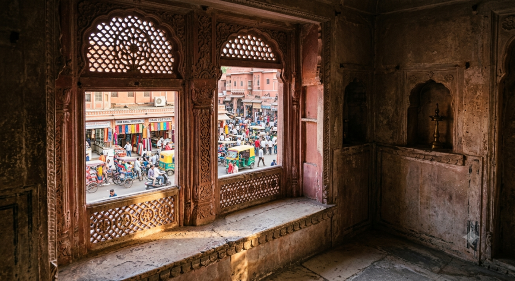 View from inside Hawa Mahal Jaipur through a jharokha window overlooking the street
