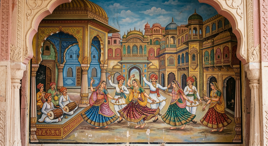 Hand-painted murals inside Patrika Gate Jaipur showing Rajasthani culture