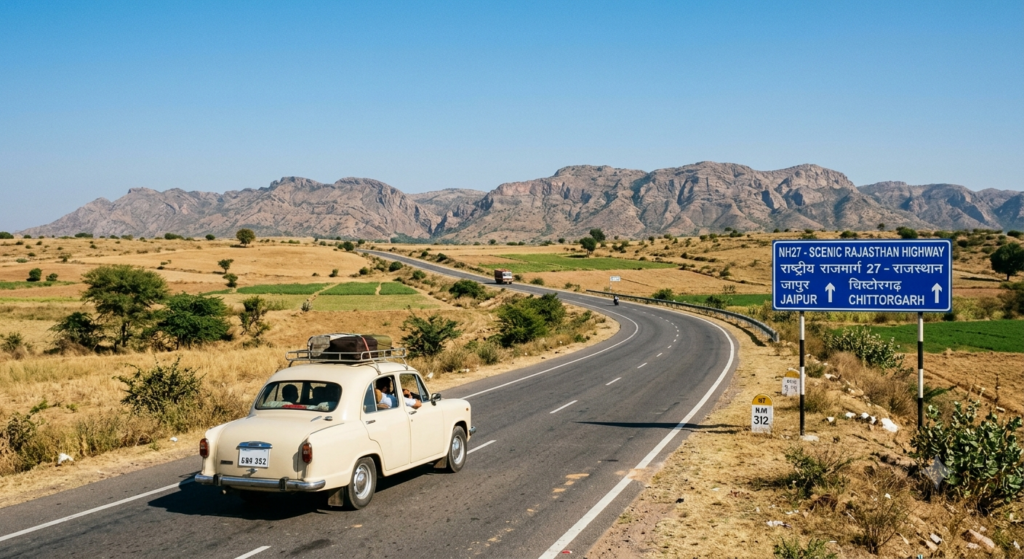 A private car driving along a scenic Rajasthan highway Road route for a Sawariya Seth day trip from Udaipur along NH27
