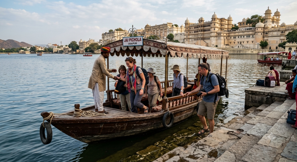  Tourist boat for Lake Pichola boat ride docked near City Palace ghat