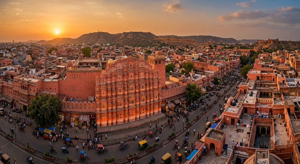 Hawa Mahal Jaipur and the Pink City skyline at golden hour