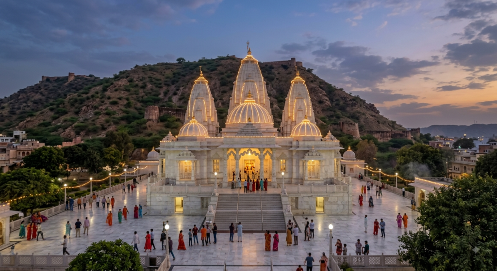 Birla Mandir Jaipur white marble temple lit up in the evening