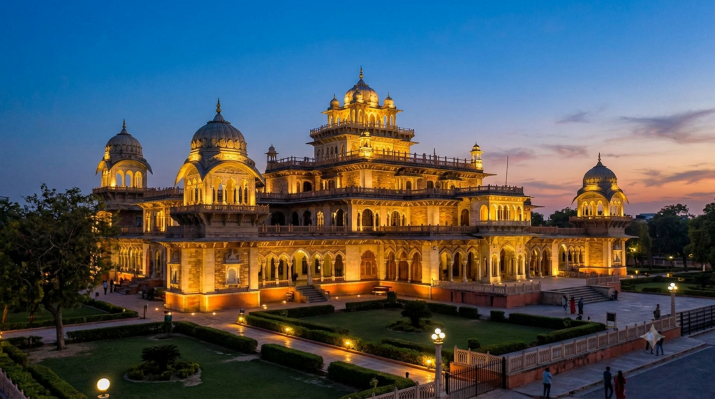 Albert Hall Museum lit up at dusk, one of the top places to visit in Jaipur