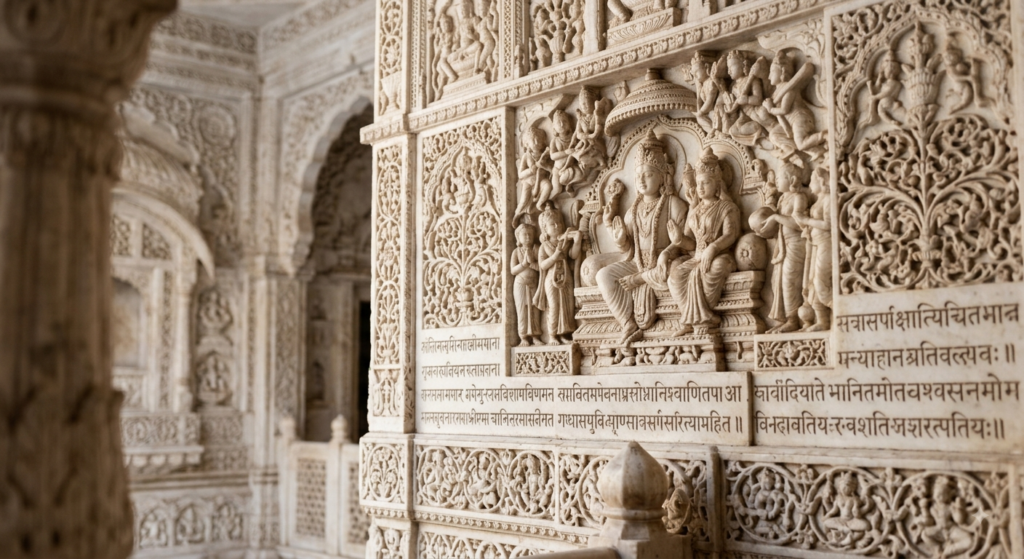 Intricate marble carvings inside Birla Mandir Jaipur depicting Hindu scriptures