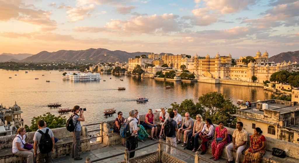 lake pichola Sunset view of the best places to visit in Udaipur, including City Palace and Lake Pichola