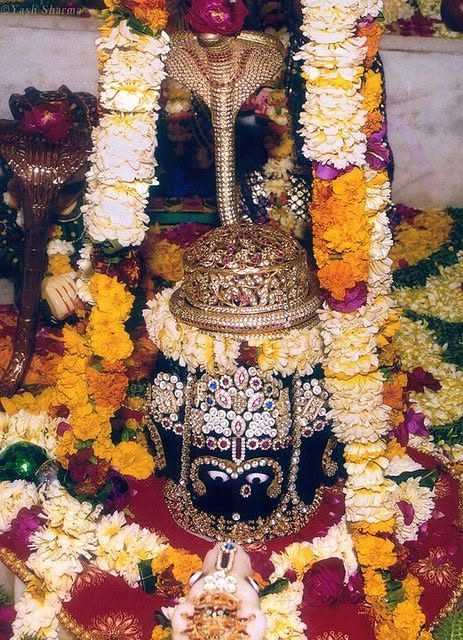 four-faced black stone Shiva lingam inside a temple sanctum, oil lamps and flower offerings Four-faced Shiva lingam at Eklingji temple on an Eklingji day trip from Udaipur