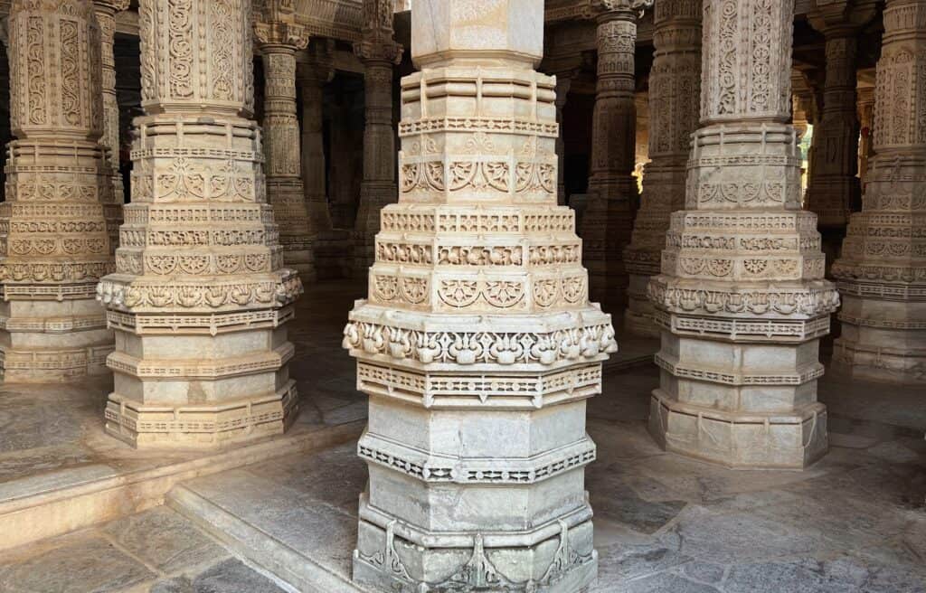 Intricately carved marble pillar at Ranakpur Jain Temple, one of 1,444 unique designs