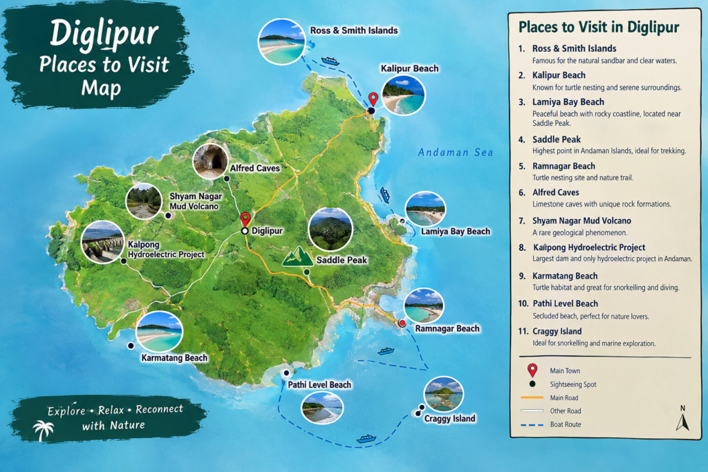 map of the Diglipur area in North Andaman with simple pins for Aerial Bay Jetty, Ross and Smith Islands, Kalipur, Lamiya Bay, Saddle Peak, Ramnagar and Alfred Caves, soft teal and green palette, flat vector style Map of places to visit in Diglipur including Kalipur, Ramnagar and Saddle Peak