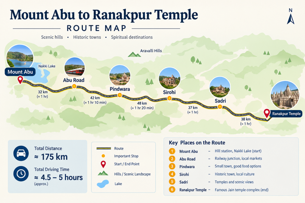 Ruote map Route map for the Mount Abu to Ranakpur day trip through the Aravalli hills