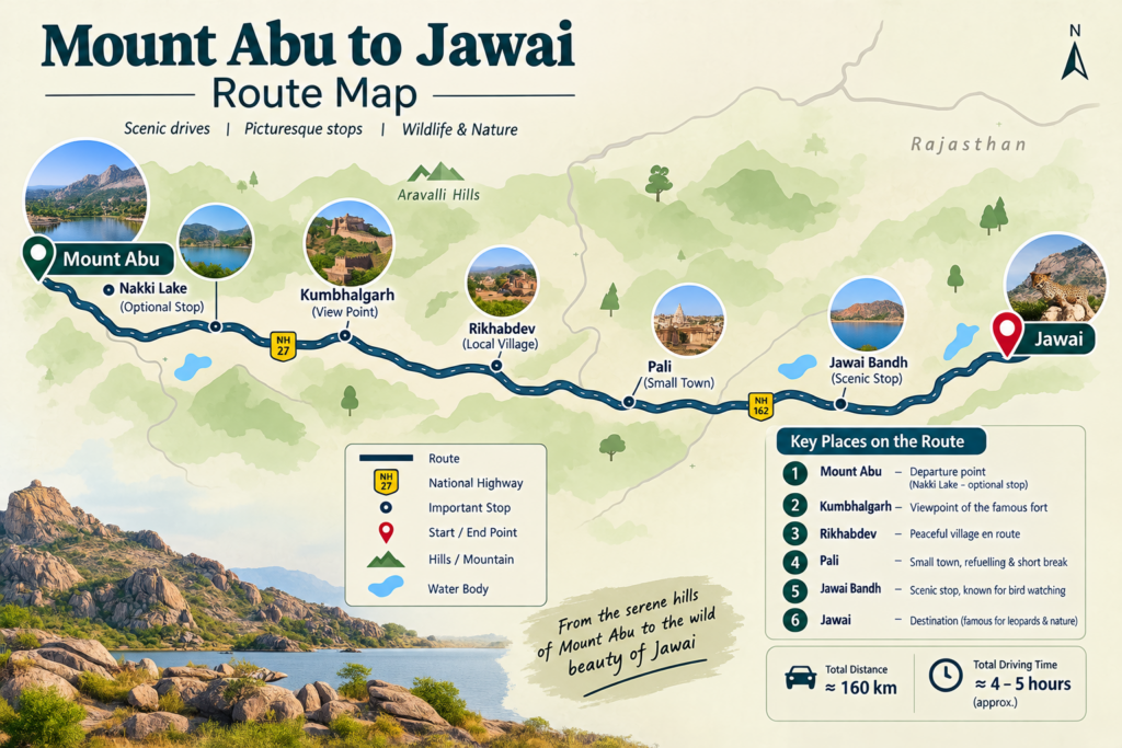 Route map for the Mount Abu to Jawai day trip through Rajasthan's granite hills Route map for the Mount Abu to Jawai day trip through Rajasthan's granite hills