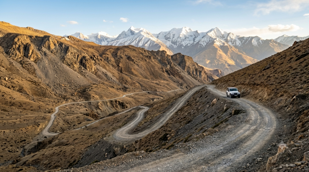 narrow mountain road climbing through the barren, rocky high-altitude landscape of Spiti Valley near Hikkim, Mountain road on a Kaza to Hikkim day trip through Spiti Valley
