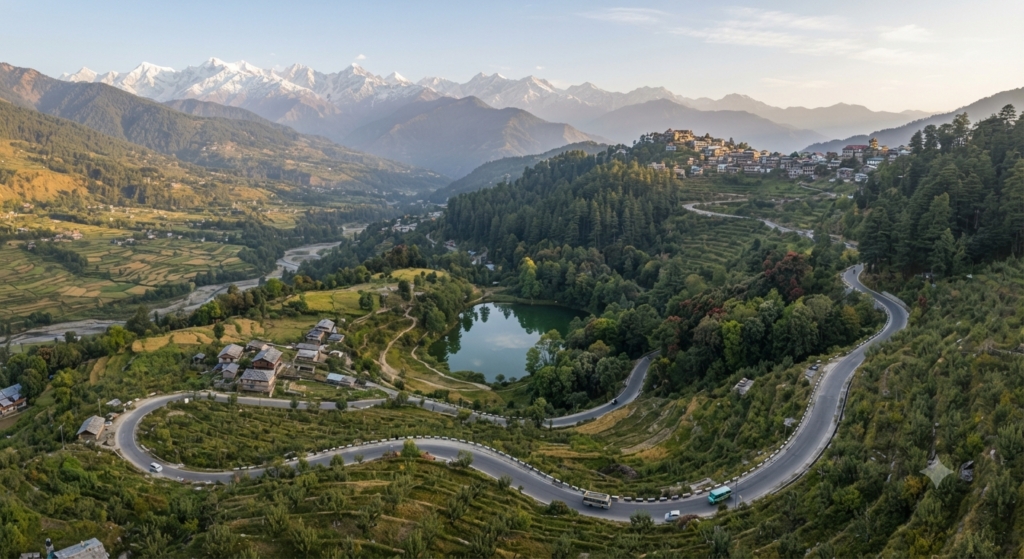route through Himalayan countryside near a hill town, winding mountain road Two-day Narkanda sightseeing route through orchards, forests and lakes