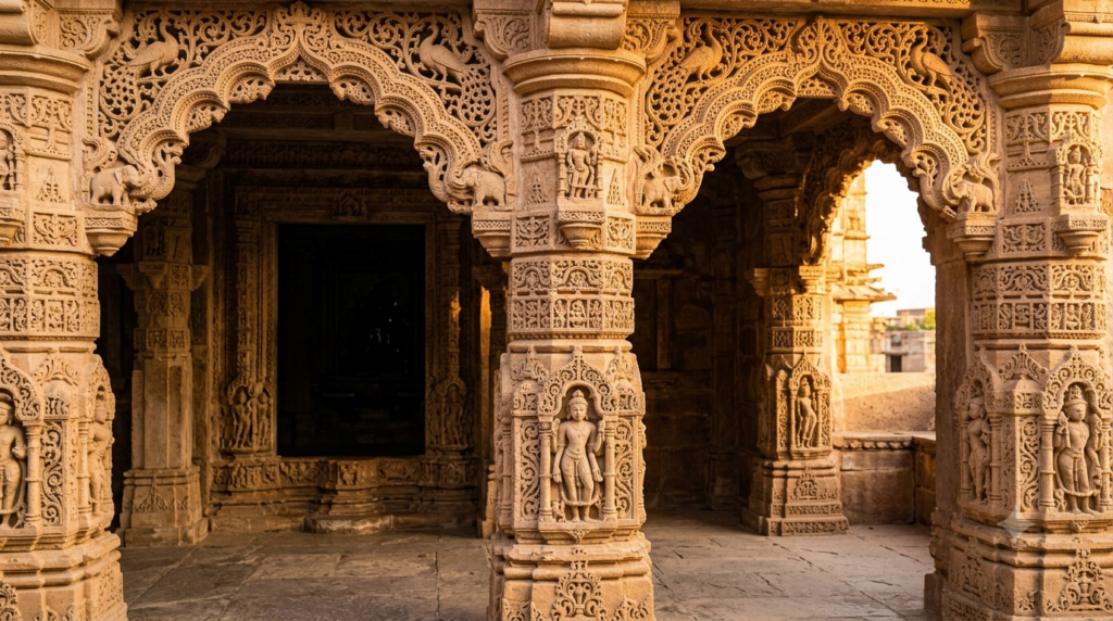 photograph of intricately carved stone temple pillars and archways at an ancient Jain temple in Osian, Rajasthan Carved stone pillars at a Jain temple in Osian near Jodhpur