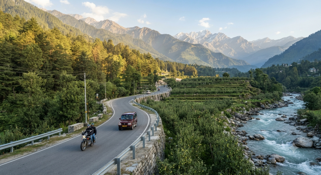 Road on a Kullu day trip from Manali following the Beas River through pine forest