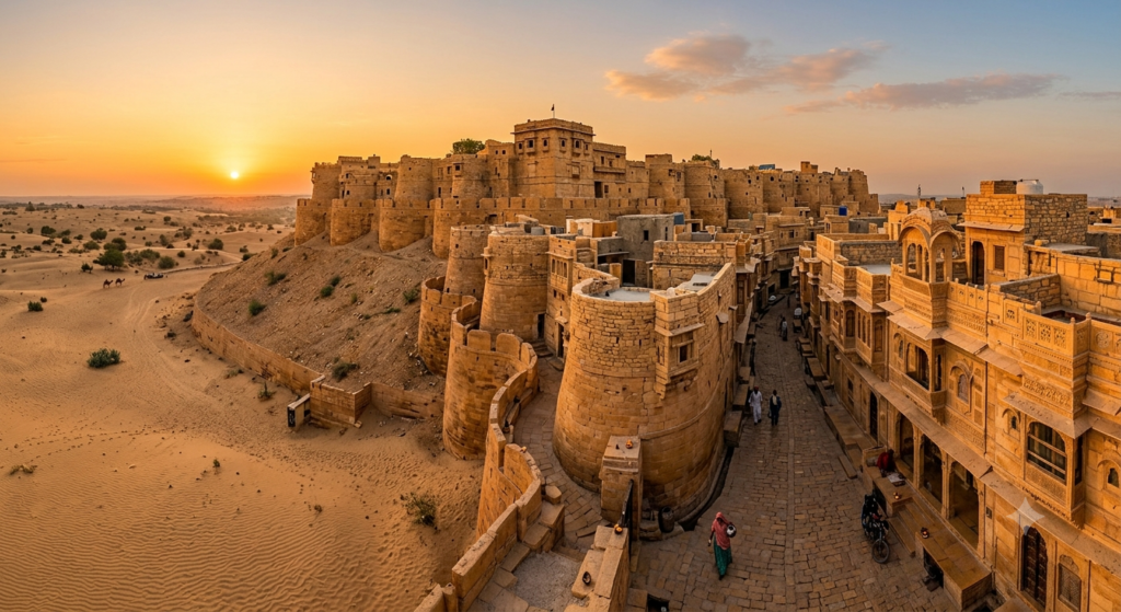  Jaisalmer Fort, one of the top places to visit in Jaisalmer, glowing gold at sunrise
