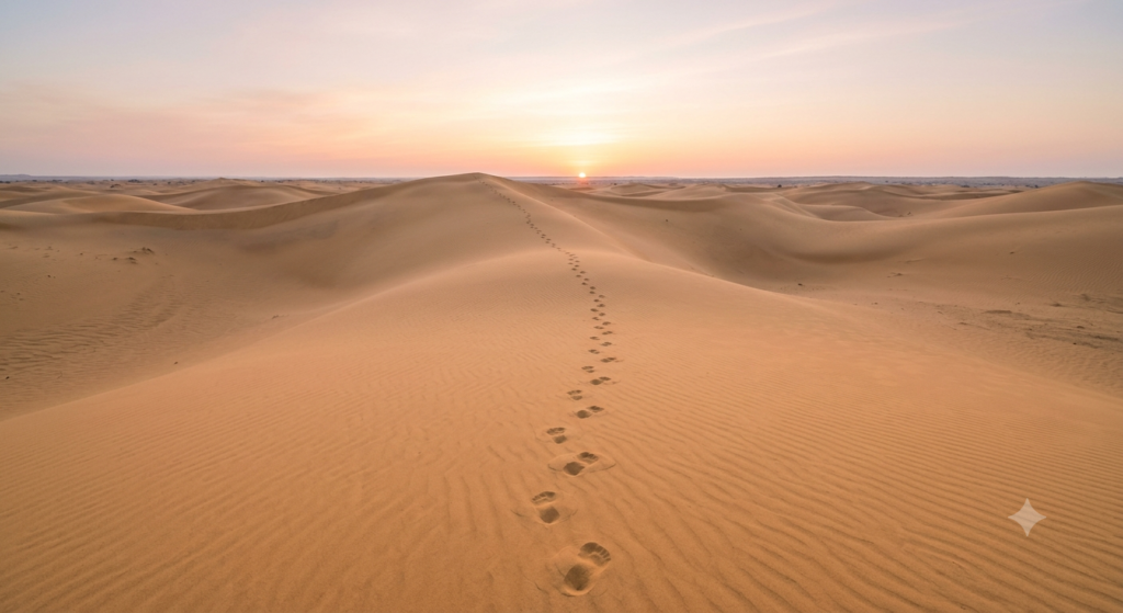 Early morning sunrise over Thar Desert sand dunes near Jaisalmer Sunrise view from a Jaisalmer desert camp over the Thar Desert