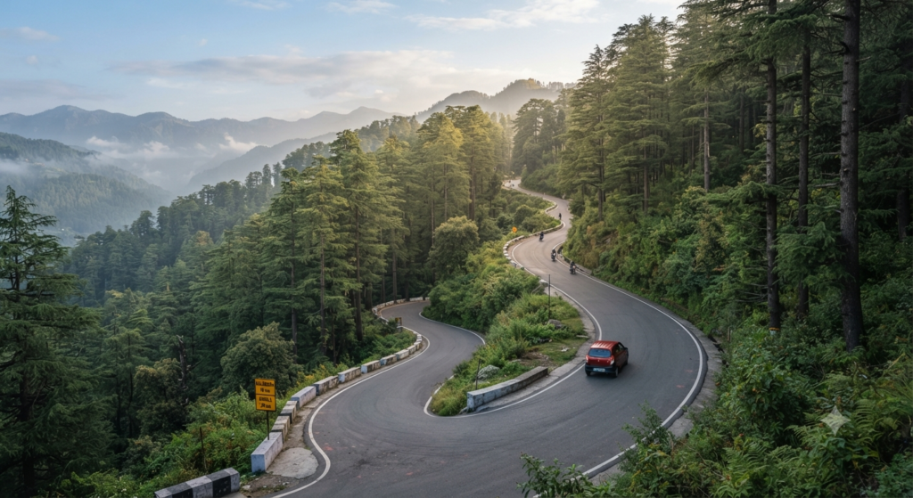 mountain road through dense deodar forest between Shimla and Naldehra Road from Shimla to Naldehra through deodar forest