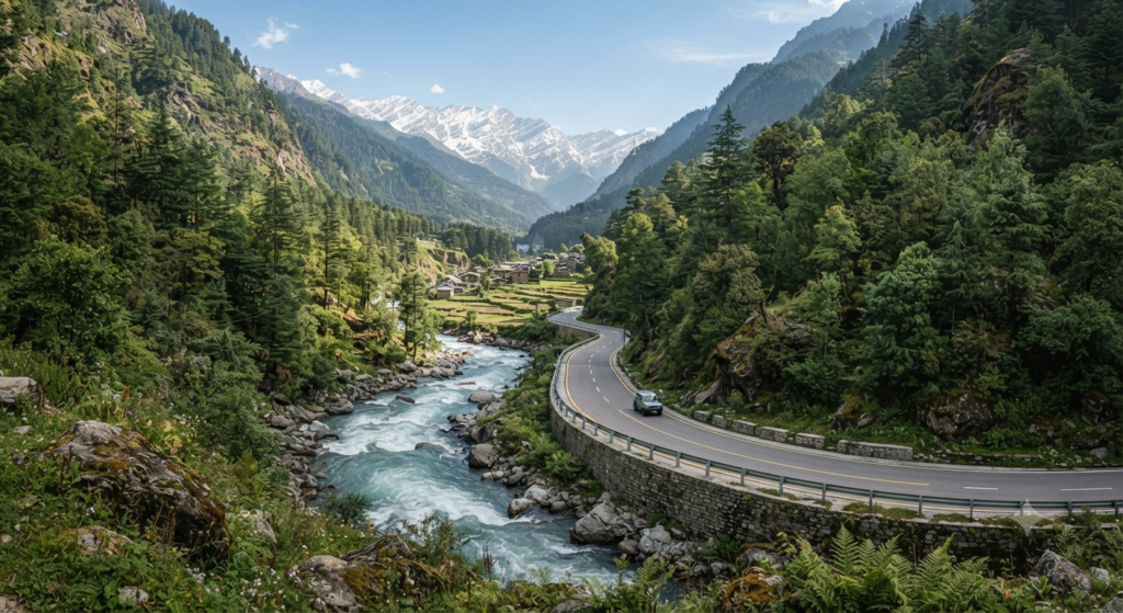 mountain road following a fast-flowing river through a narrow green valley Road on a Kasol day trip from Manali through the Parvati Valley