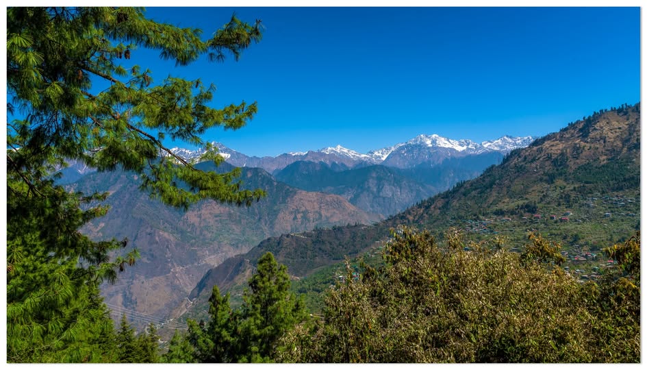 Hawa Ghar viewpoint in Sarahan, Himachal Pradesh, showing the Sutlej valley and distant snow-capped Kinnaur Kailash range, deodar forest in the foreground, golden hour lighting View from Hawa Ghar viewpoint over the Sutlej valley near Sarahan
