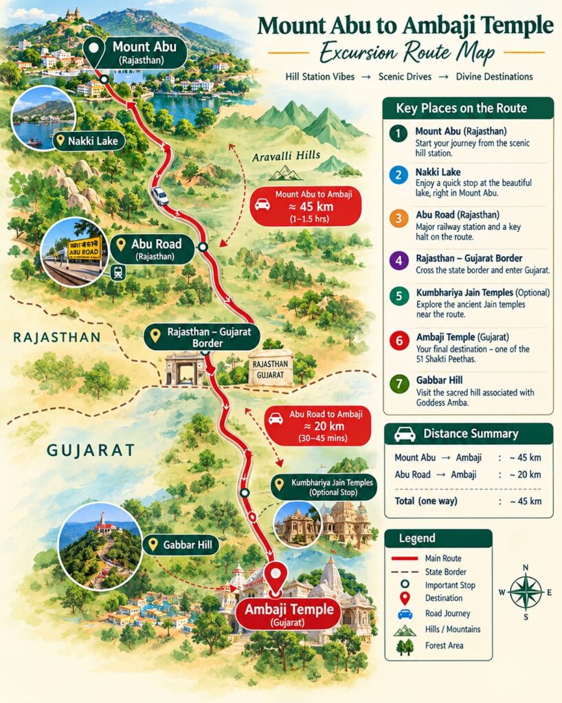 Route map for the Mount Abu to Ambaji day trip through the Aravalli hills