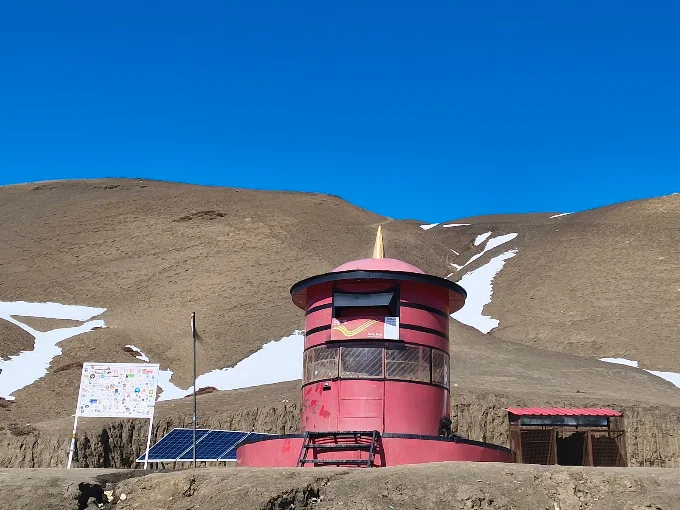 blue post office building in Hikkim village, Spiti Valley, World's highest post office in Hikkim village during a Kaza to Hikkim day trip