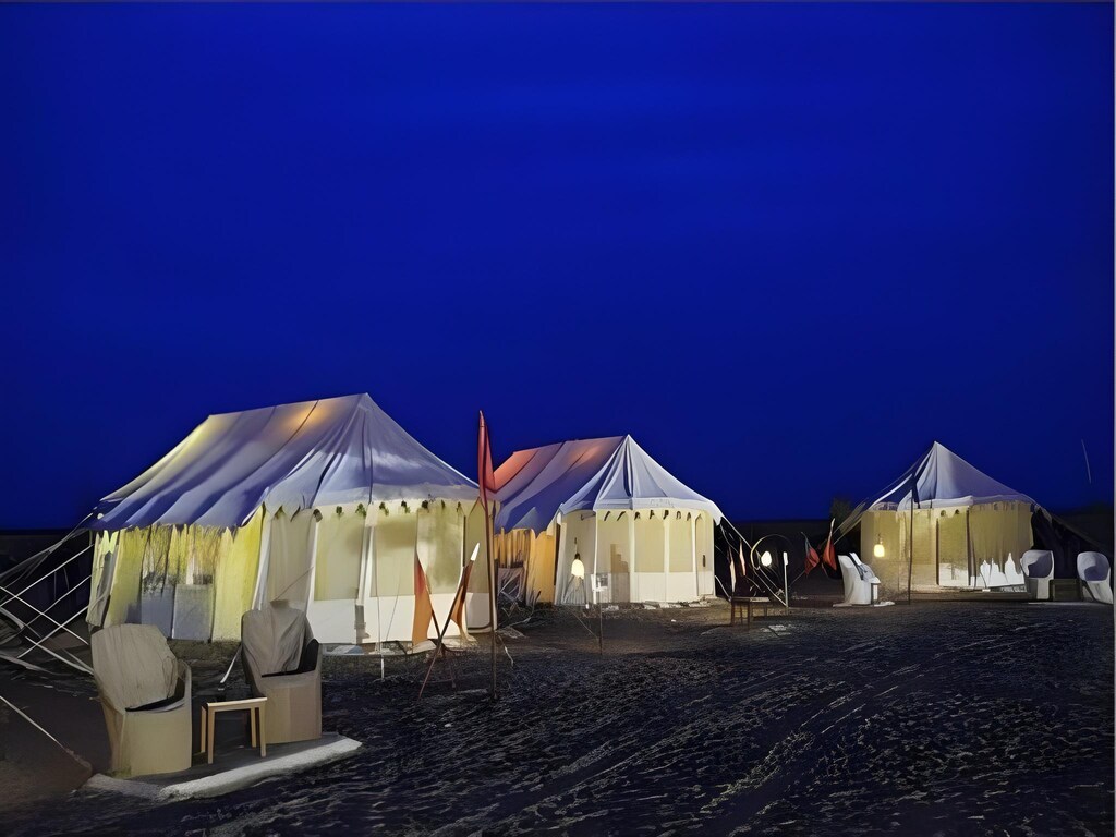 comfortable desert glamping tent in Rajasthan at night Inside a comfortable tent at a Jaisalmer desert camp