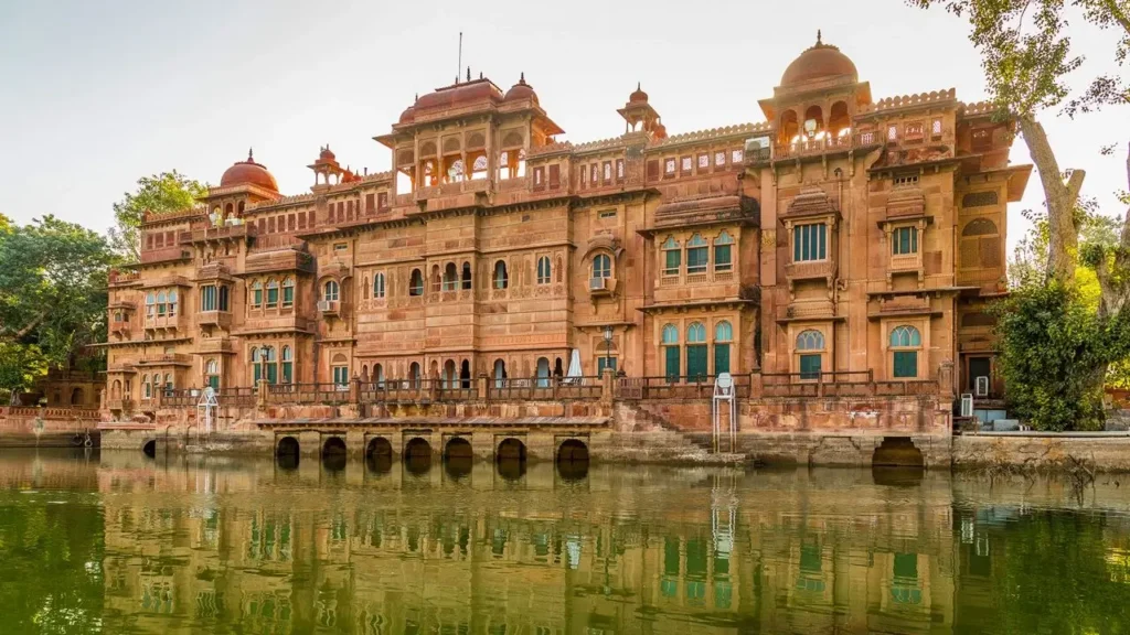 photograph of Gajner Palace reflected in Gajner Lake near Bikaner Gajner Palace and lake near Bikaner at sunset