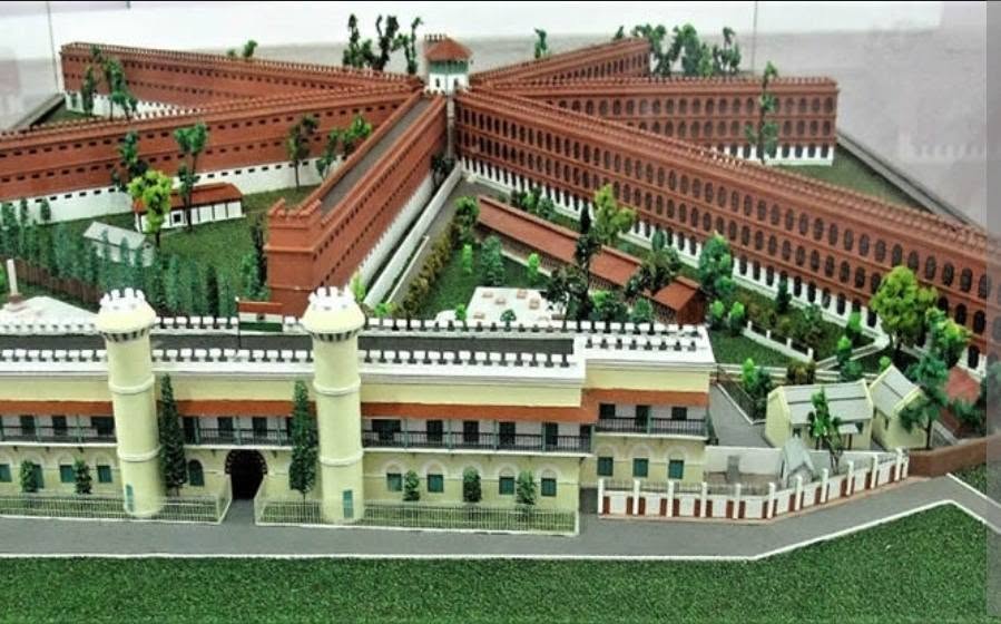 seven-wing prison complex laid out like spokes of a wheel around a central tower Star-shaped layout of the Cellular Jail showing seven wings around a central tower