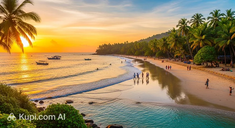 Corbyn's Cove beach near Port Blair at sunset with gentle waves, palm trees and warm orange sky. A few small distant figures on the sand. Peaceful mood, Sunset at Corbyn's Cove beach, a relaxing stop after visiting Cellular Jail Port Blair