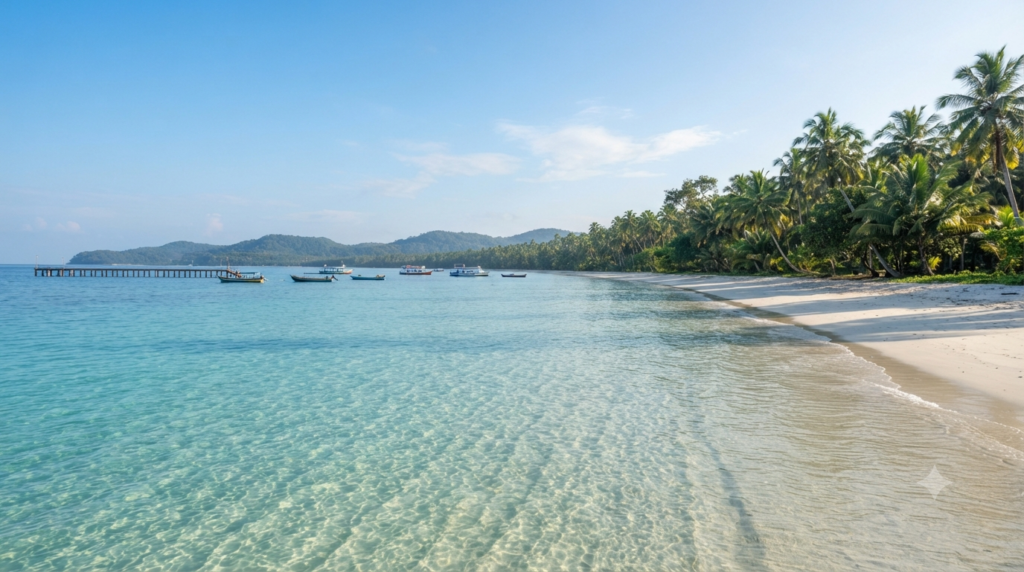 Bharatpur Beach on Neil Island, shallow turquoise water over a pale sandy seabed, palm trees along the shore Shallow turquoise water at Bharatpur Beach Neil Island near the jetty