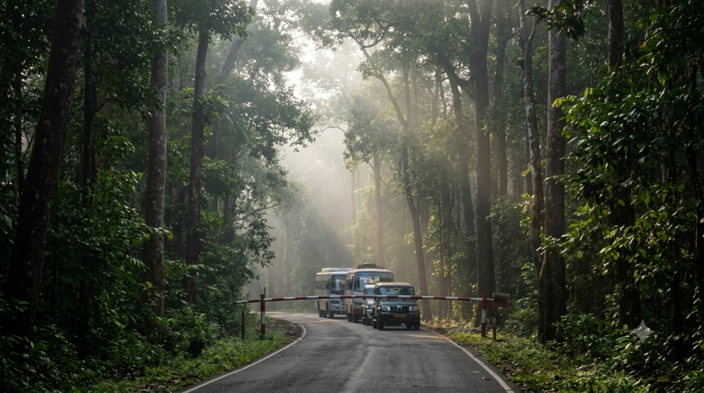 Andaman Trunk Road at dawn, a narrow forest road lined with tall tropical trees, a few vehicles queued at a checkpoint barrier, misty light Early morning convoy queue on a Baratang Island day trip from Port Blair