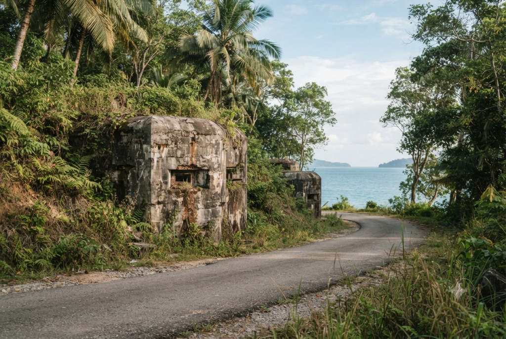 Old concrete Second World War bunkers beside a coastal road in Port Blair, Andaman, surrounded by greenery, with a glimpse of the sea behind. Soft afternoon light, quiet mood. Japanese bunkers on the road to Corbyn's Cove Beach in Port Blair