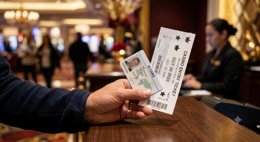 Guest showing photo ID at a check-in desk for casinos in Goa
