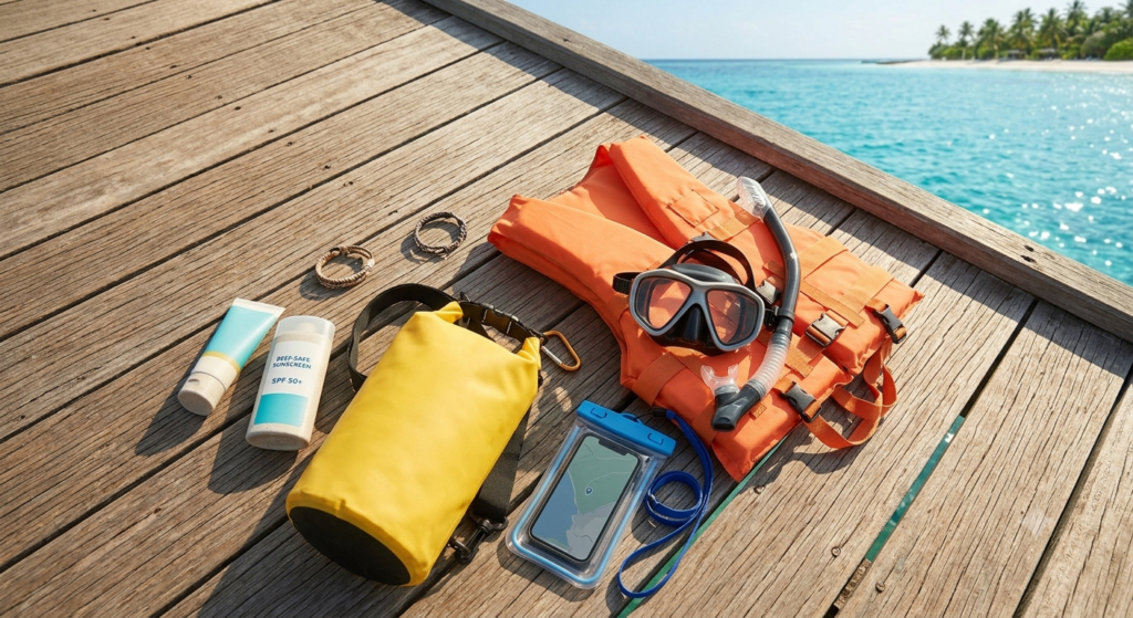 Safety gear checklist for water sports in Andaman including life jacket, snorkel and sunscreen